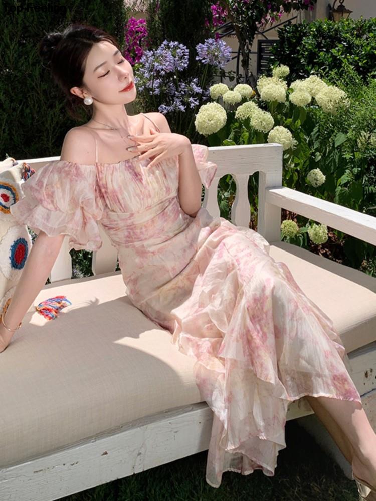 Summer Elegant Party Dresses For Women 2023 France Vintage Bodycon Ruffles Mermaid Lady Robe Korean Princess Wedding Clothing