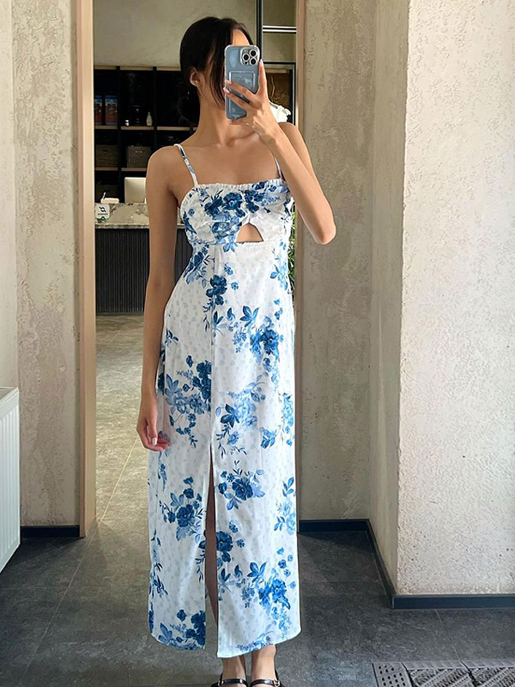 Fashion Floral Printed Hollow Out Sling Maxi Dress Women Sexy Backless Sleeveless Slim Dresses 2024 Lady Banquet Party Vestidos