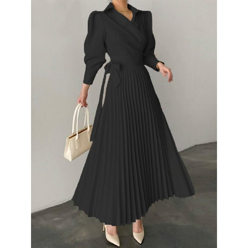 Jennifer Fashion Women's Solid Color Pleated Asymmetric Lapel Shirt Dress Maxi Dresses for Women 2024 Casual Summer