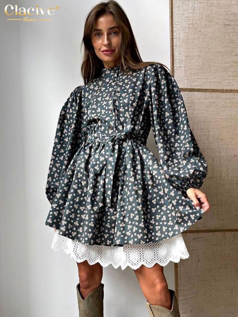 Clacive Fashion Loose Print Dress Ladies Autumn Stand Collar Puff Sleeve Office Mini Dress Elegant Patchwork Dresses For Women