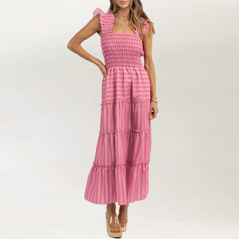 Women Clothing Striped Printed High Waist Long Dress Fashion Ruffle Pleated Slim Beach Dress Sexy Summer Suspender Holiday Dress