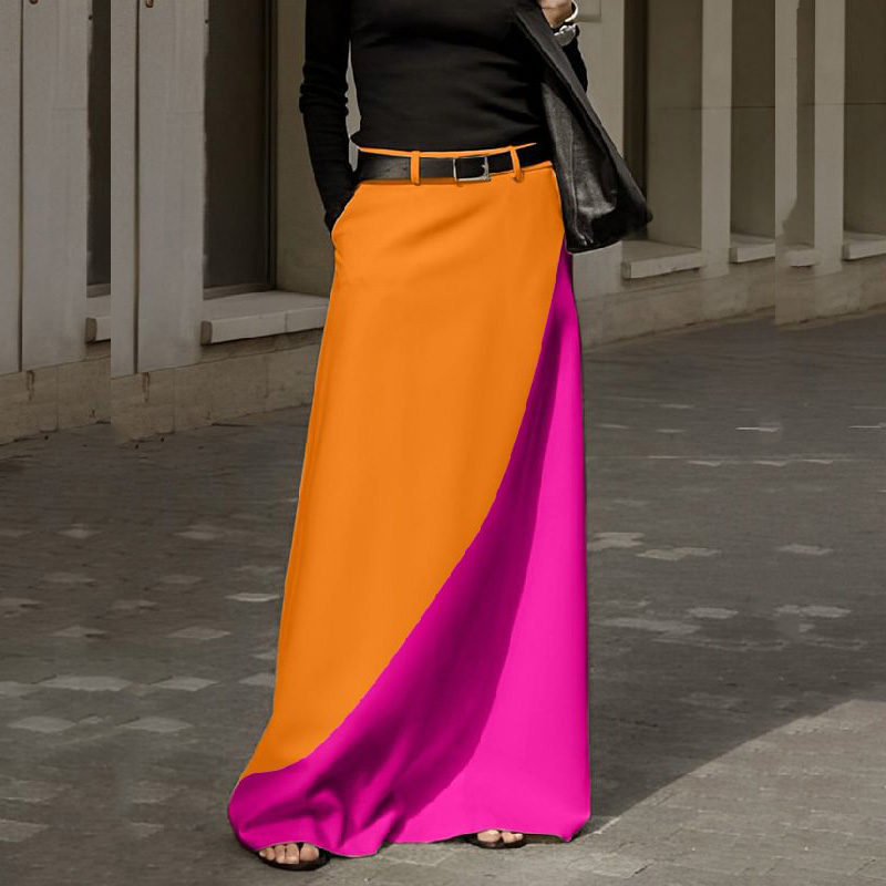 Women Elegant Color Blocking Straight Skirt 2023 Spring Streetwear Fashion Office Long Skirt Retro Boho Pocket Club Skirts Mujer