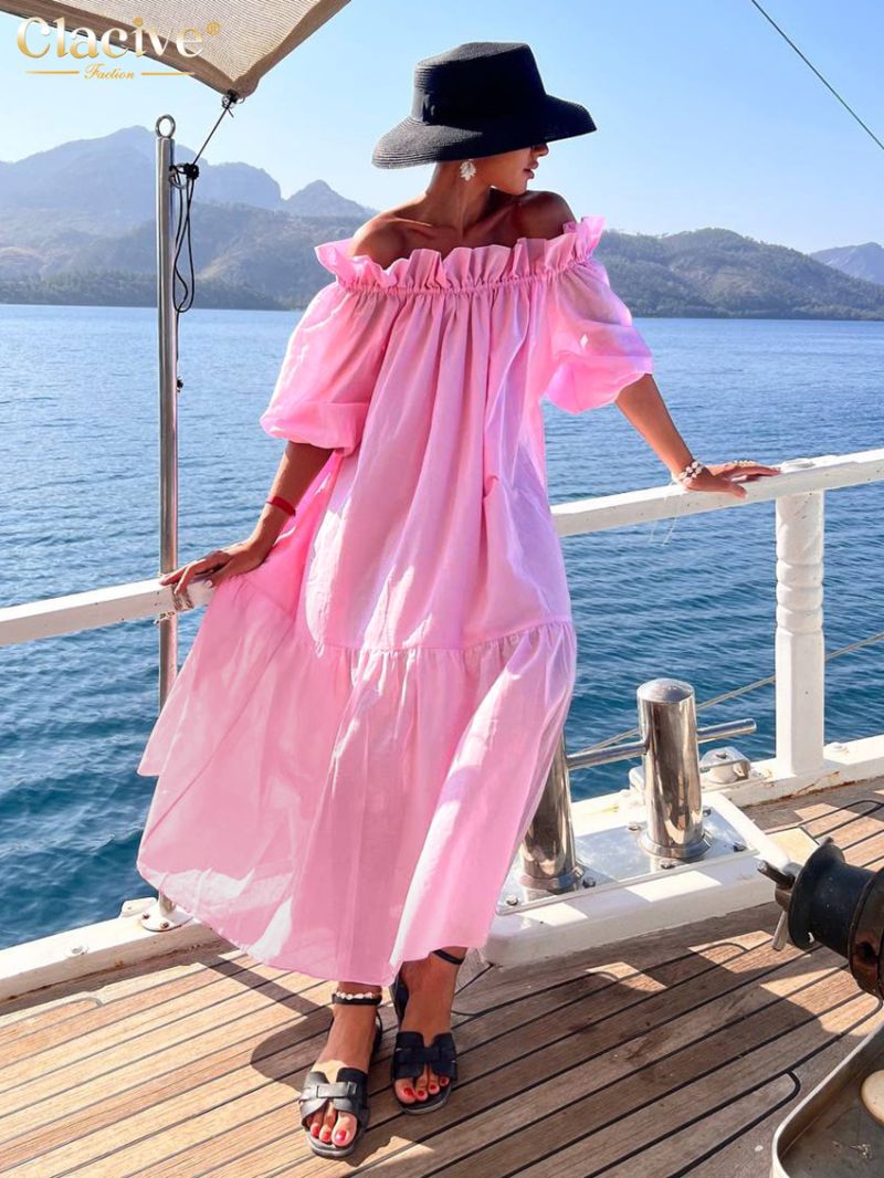 Clacive Casual Loose Pink Cotton Women's Dress Fashion Slash Neck Short Sleeve Ankle Length Dresses Elegant Pleated female Dress