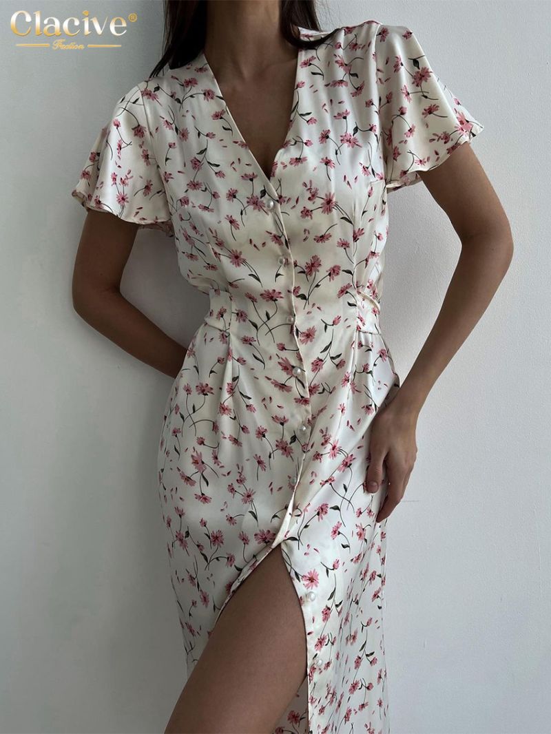 Clacive Summer Loose Print Women Dress Fashion V-Neck Short Sleeve Midi Dresses Elegant High Waist Single Breasted Female Dress