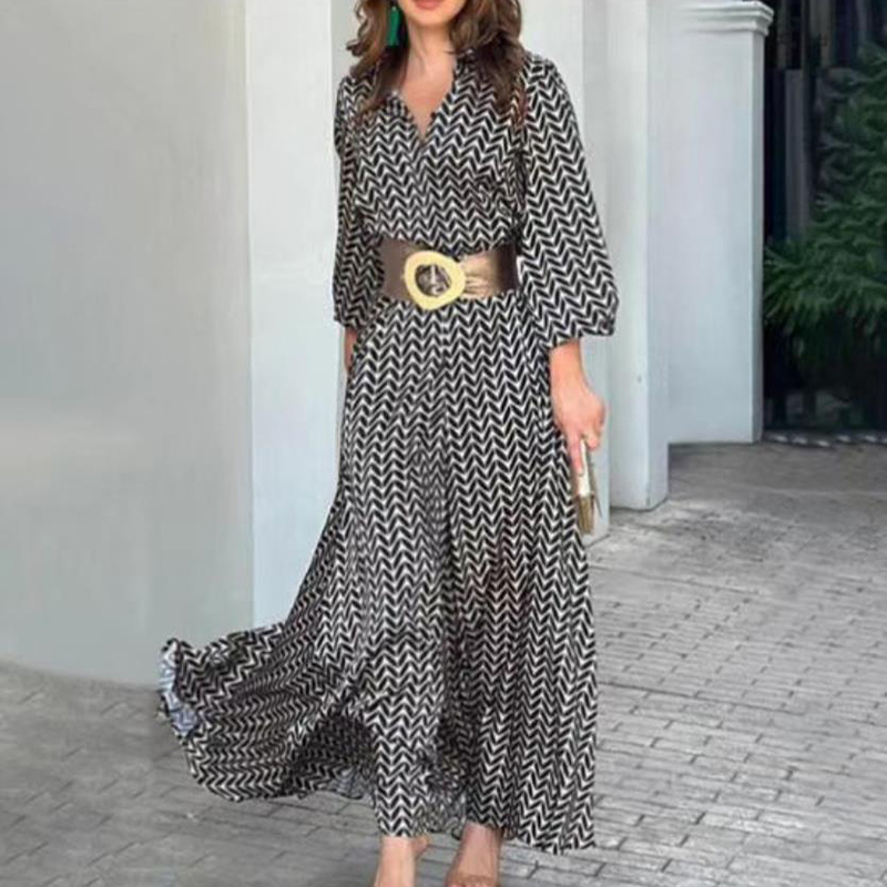 Fashion High Street Bohemian Dress Spring Summer Women Turn-down Collar Shirt Maxi Dress Casual Print Long Sleeve Commuter Dress