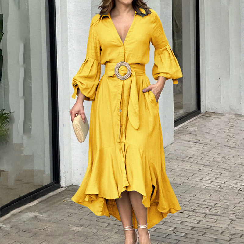 Fashion High Street Bohemian Dress Spring Summer Women Turn-down Collar Shirt Maxi Dress Casual Print Long Sleeve Commuter Dress