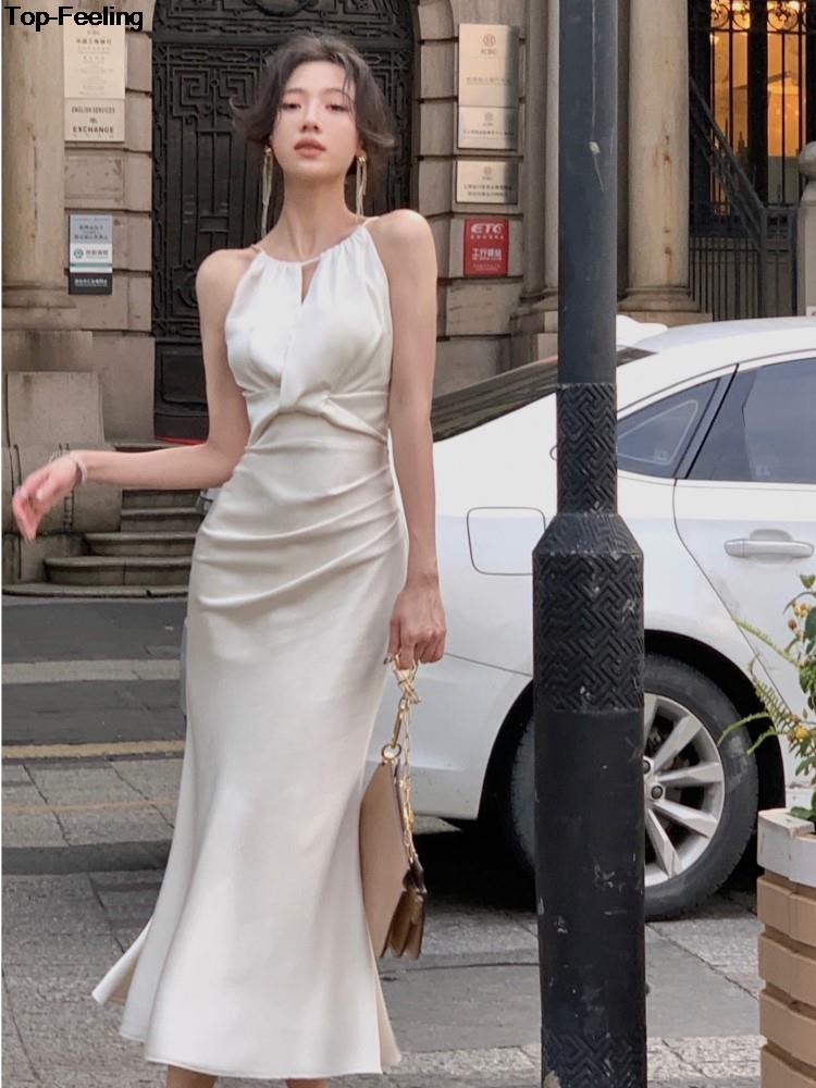 Korean Chic Solid Party Prom Dress Elegant Sleeveless Wedding Mermaid Robe Women Sexy Hollow Out Evering Vestidos Summer Clothes