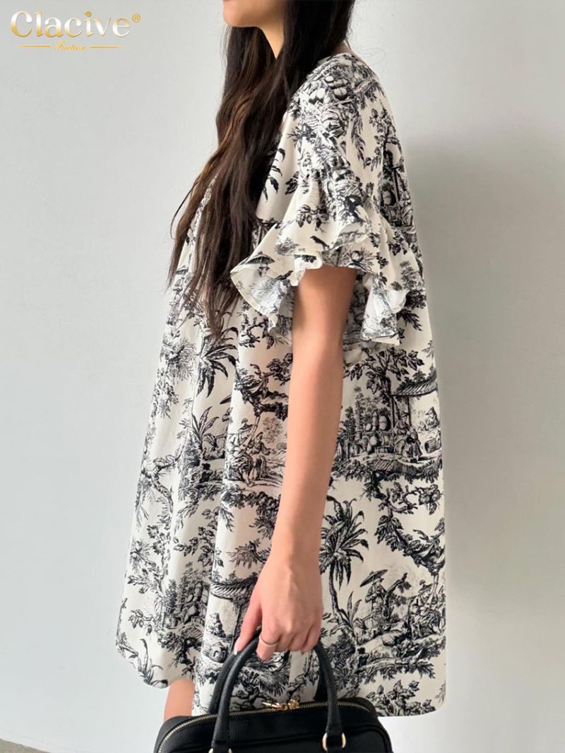 Clacive vintage Loose Print Women's Dress 2024 Summer O-Neck Short Sleeve Mini Dresses Elegant Classic Ruffle Female Dress