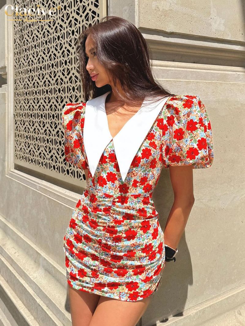 Clacive Summer Slim Print Women's Dress Fashion Lapel Short Sleeve Mini Dresses Elegant Classic High Waist Ruched Female Dress