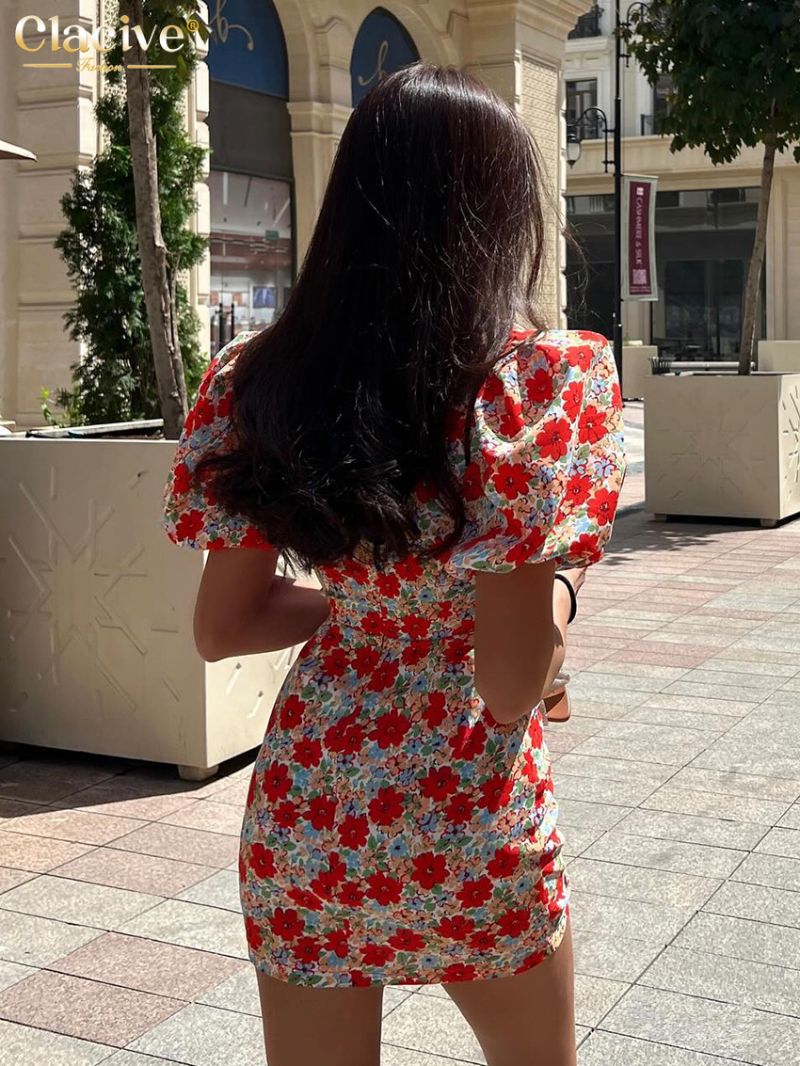 Clacive Summer Slim Print Women's Dress Fashion Lapel Short Sleeve Mini Dresses Elegant Classic High Waist Ruched Female Dress