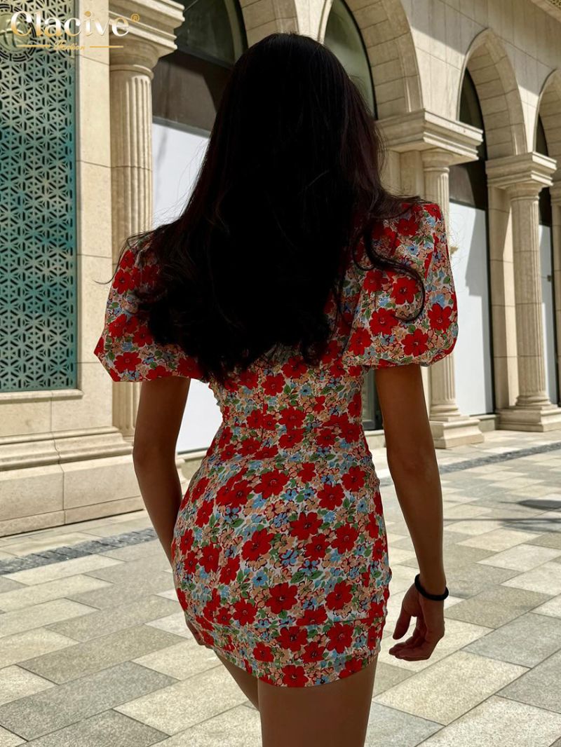 Clacive Summer Slim Print Women's Dress Fashion Lapel Short Sleeve Mini Dresses Elegant Classic High Waist Ruched Female Dress