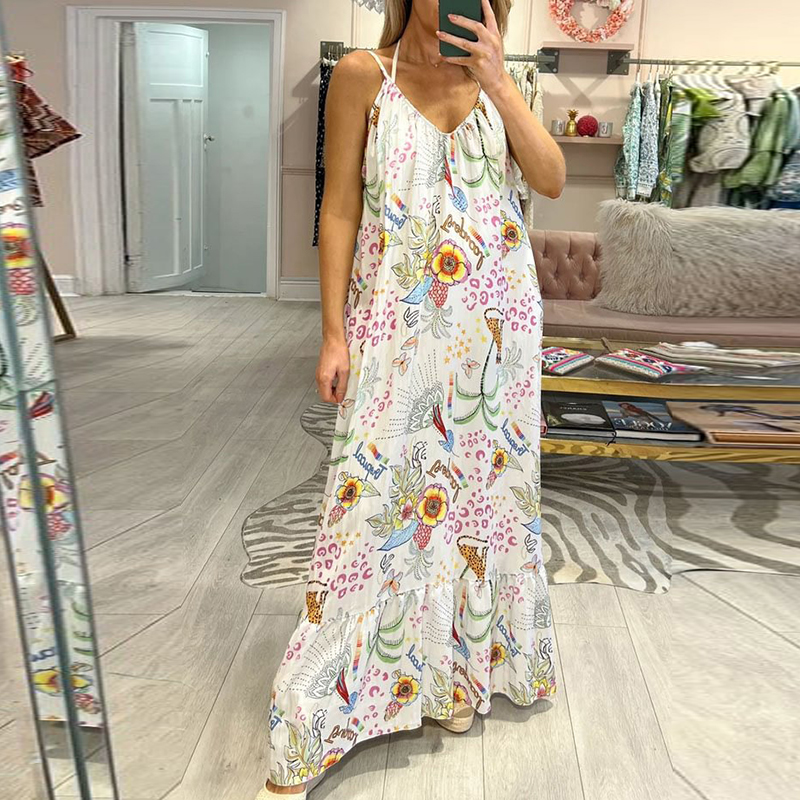 Sexy V-neck Hollow Pleated Long Dress 2024 Casual Floral Print Sleeveless Beach Dress Women Elegant Summer Spaghetti Strap Dress