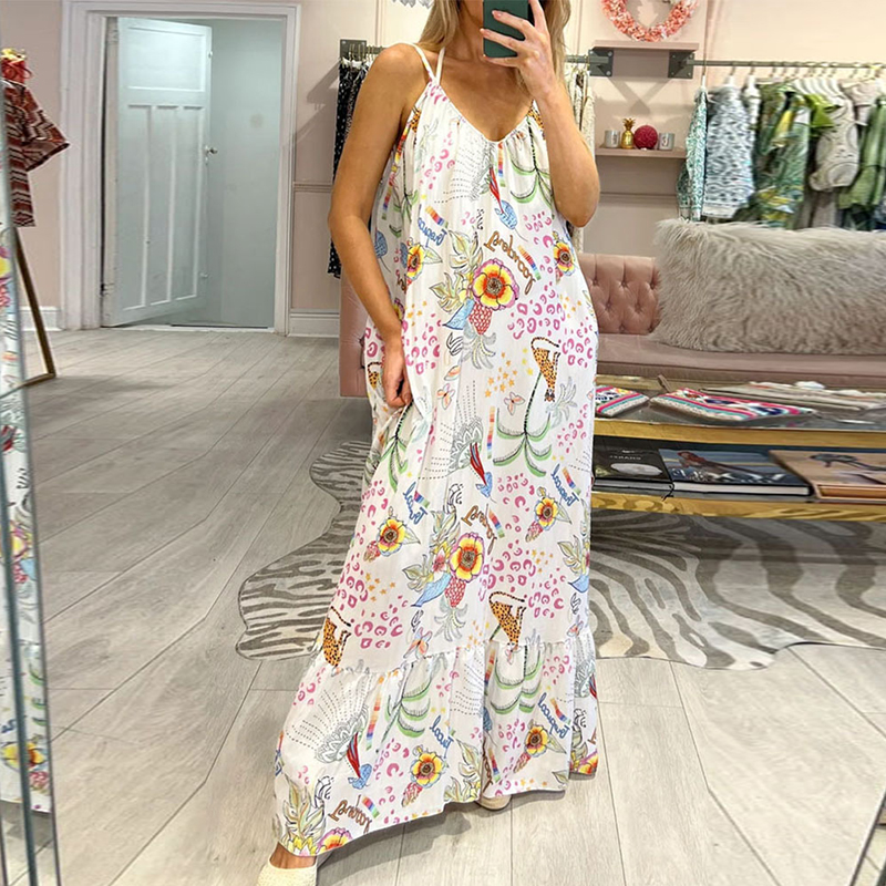 Sexy V-neck Hollow Pleated Long Dress 2024 Casual Floral Print Sleeveless Beach Dress Women Elegant Summer Spaghetti Strap Dress