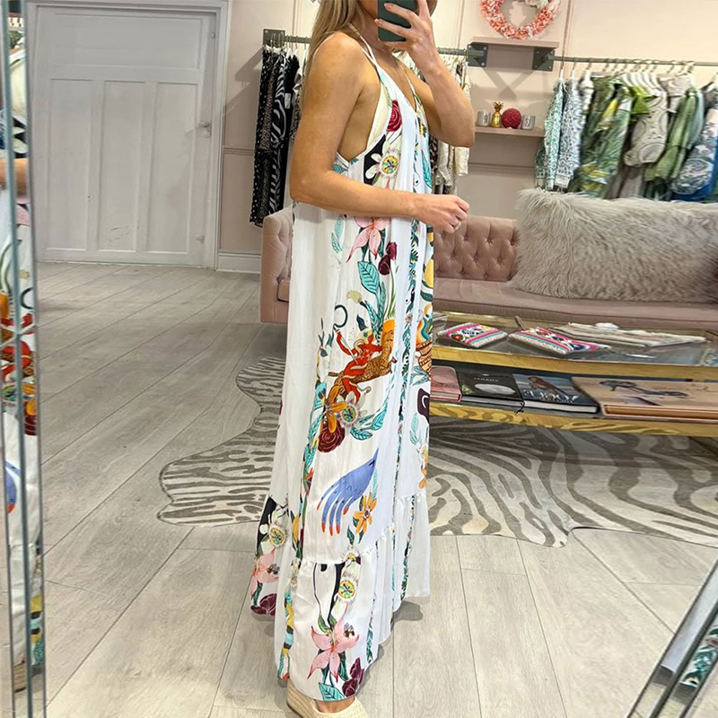 Sexy V-neck Hollow Pleated Long Dress 2024 Casual Floral Print Sleeveless Beach Dress Women Elegant Summer Spaghetti Strap Dress