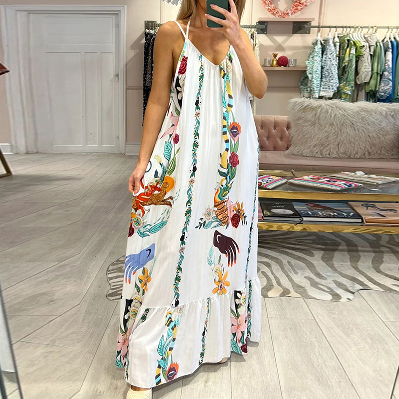 Sexy V-neck Hollow Pleated Long Dress 2024 Casual Floral Print Sleeveless Beach Dress Women Elegant Summer Spaghetti Strap Dress