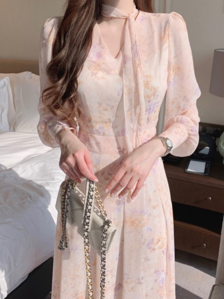 Korean Chic New Spring Floral Chiffon Dress Women V-neck Casual Midi Vestido Mujer 2024 Long Sleeve Lace Up A-line Clothing