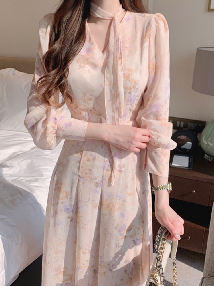 Korean Chic New Spring Floral Chiffon Dress Women V-neck Casual Midi Vestido Mujer 2024 Long Sleeve Lace Up A-line Clothing