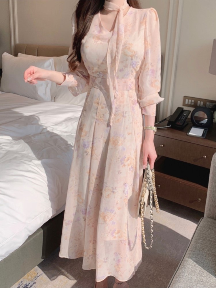 Korean Chic New Spring Floral Chiffon Dress Women V-neck Casual Midi Vestido Mujer 2024 Long Sleeve Lace Up A-line Clothing