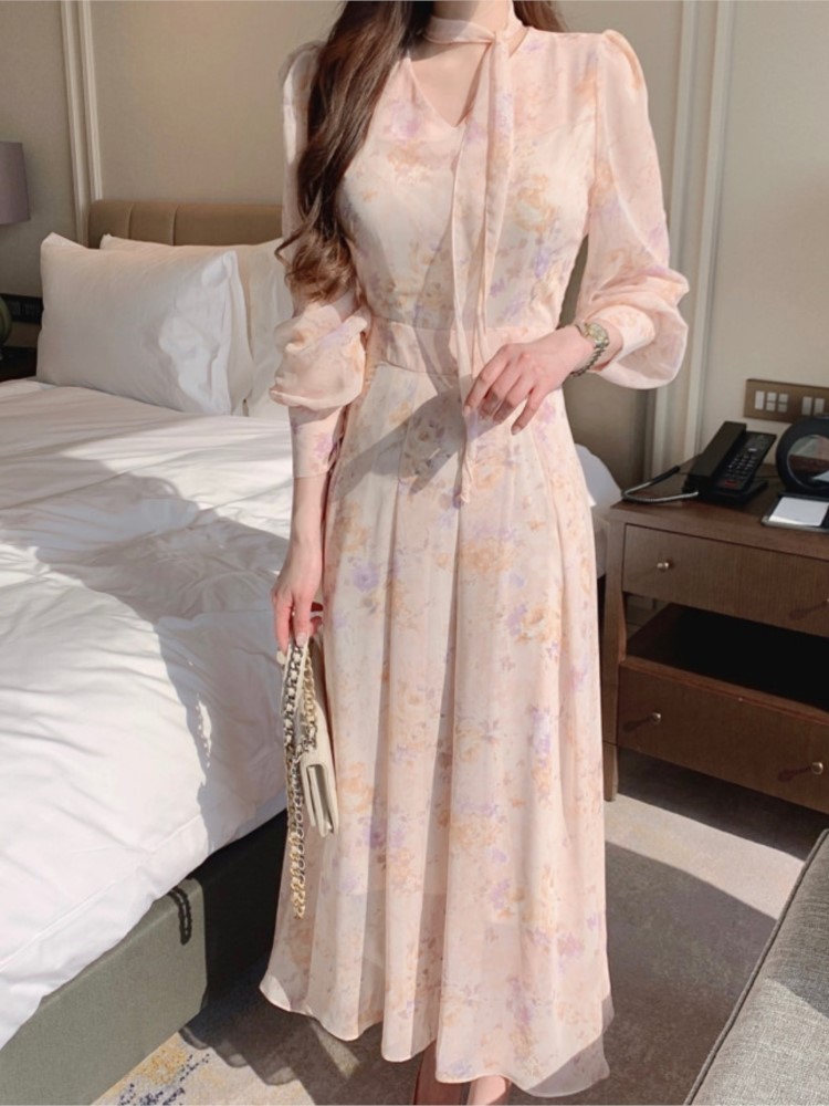 Korean Chic New Spring Floral Chiffon Dress Women V-neck Casual Midi Vestido Mujer 2024 Long Sleeve Lace Up A-line Clothing