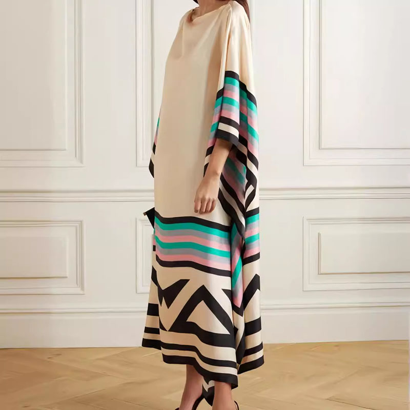 Casual O Neck Striped Printed Long Dress New 2024 Fashion Batwing Sleeve Loose Office Dress Elegant Contrasting Color Maxi Dress