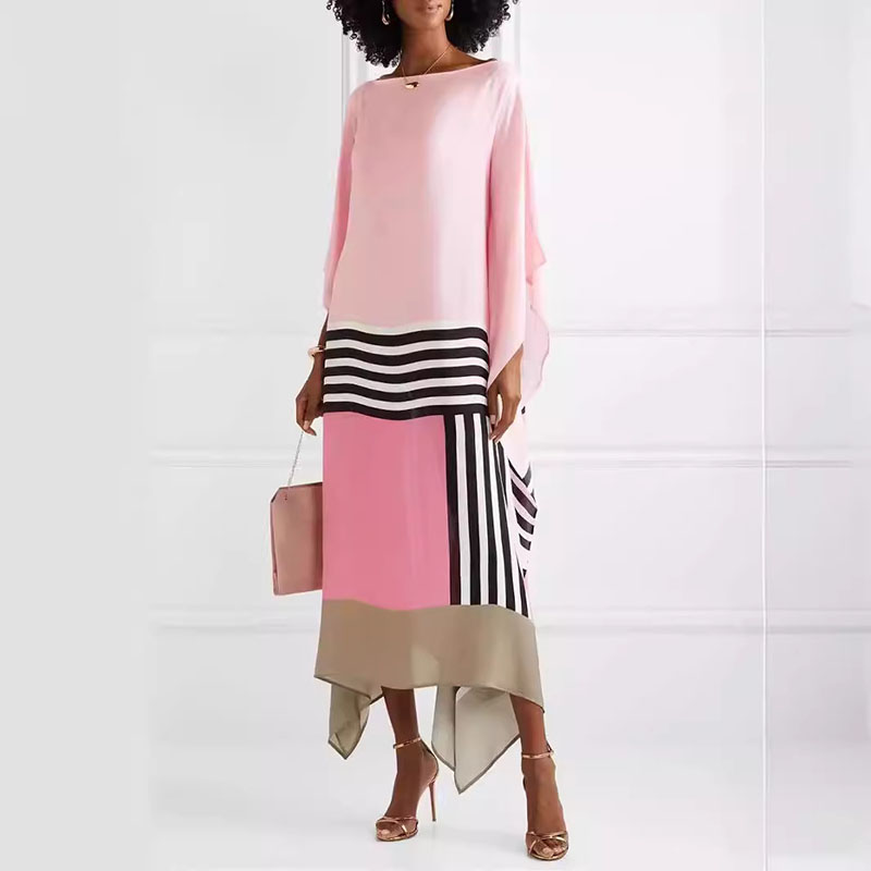 Casual O Neck Striped Printed Long Dress New 2024 Fashion Batwing Sleeve Loose Office Dress Elegant Contrasting Color Maxi Dress