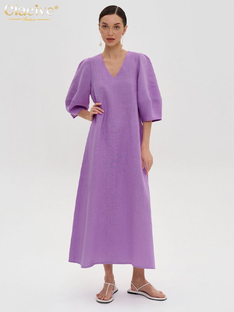 Clacive Casual Loose Purple Cotton Women Dress 2024 Summer V-Neck Half Sleeve Ankle Length Dresses Elegant Classic Female Dress