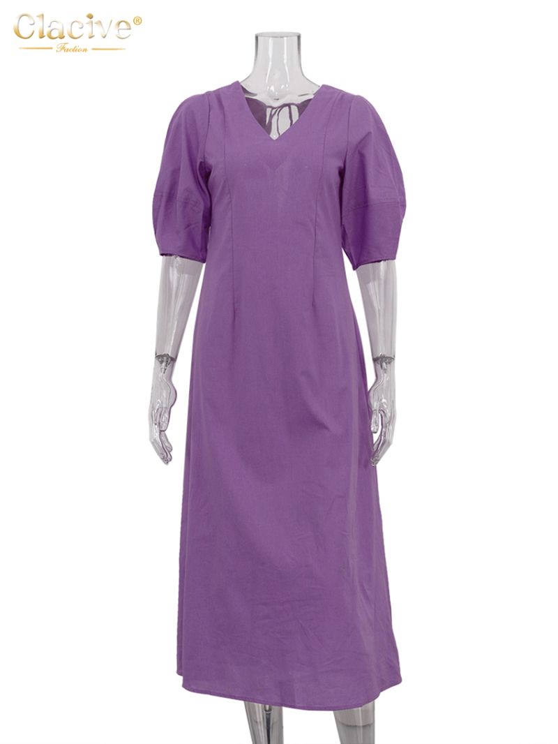 Clacive Casual Loose Purple Cotton Women Dress 2024 Summer V-Neck Half Sleeve Ankle Length Dresses Elegant Classic Female Dress