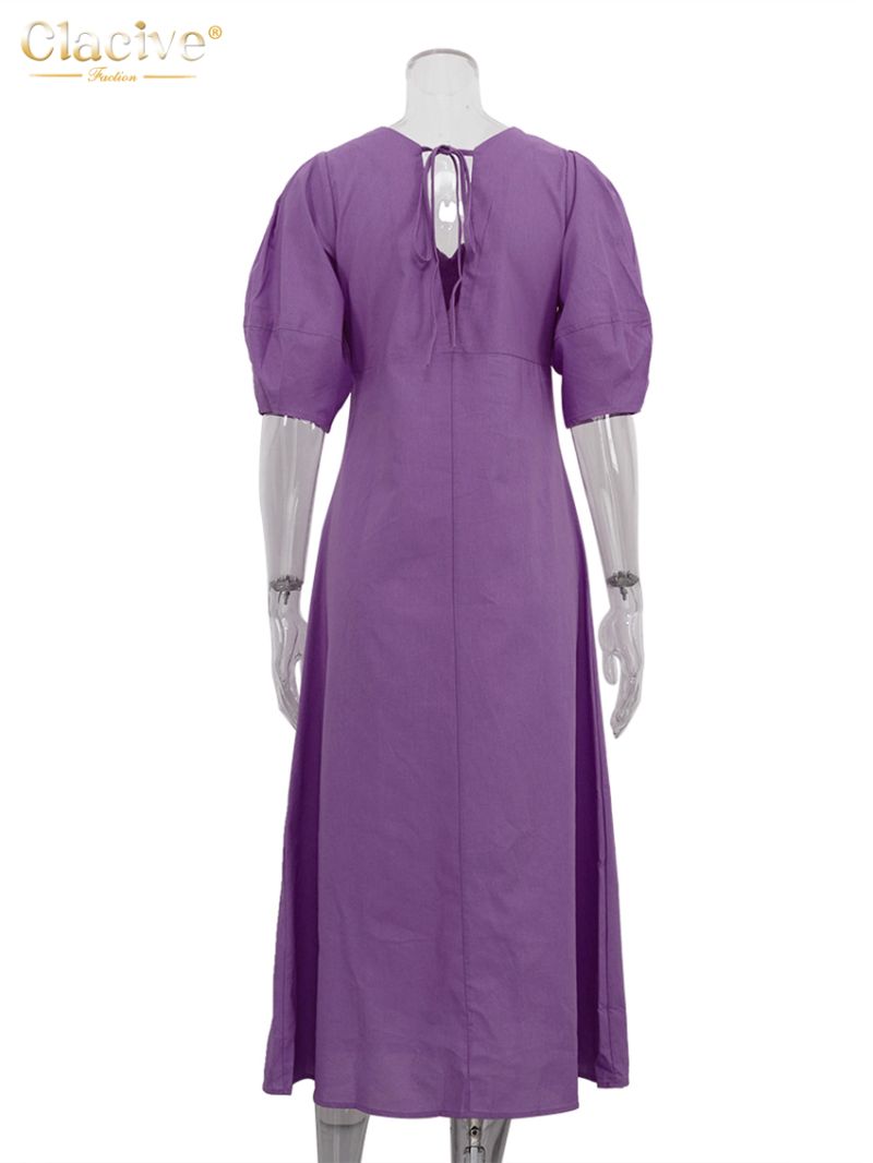 Clacive Casual Loose Purple Cotton Women Dress 2024 Summer V-Neck Half Sleeve Ankle Length Dresses Elegant Classic Female Dress