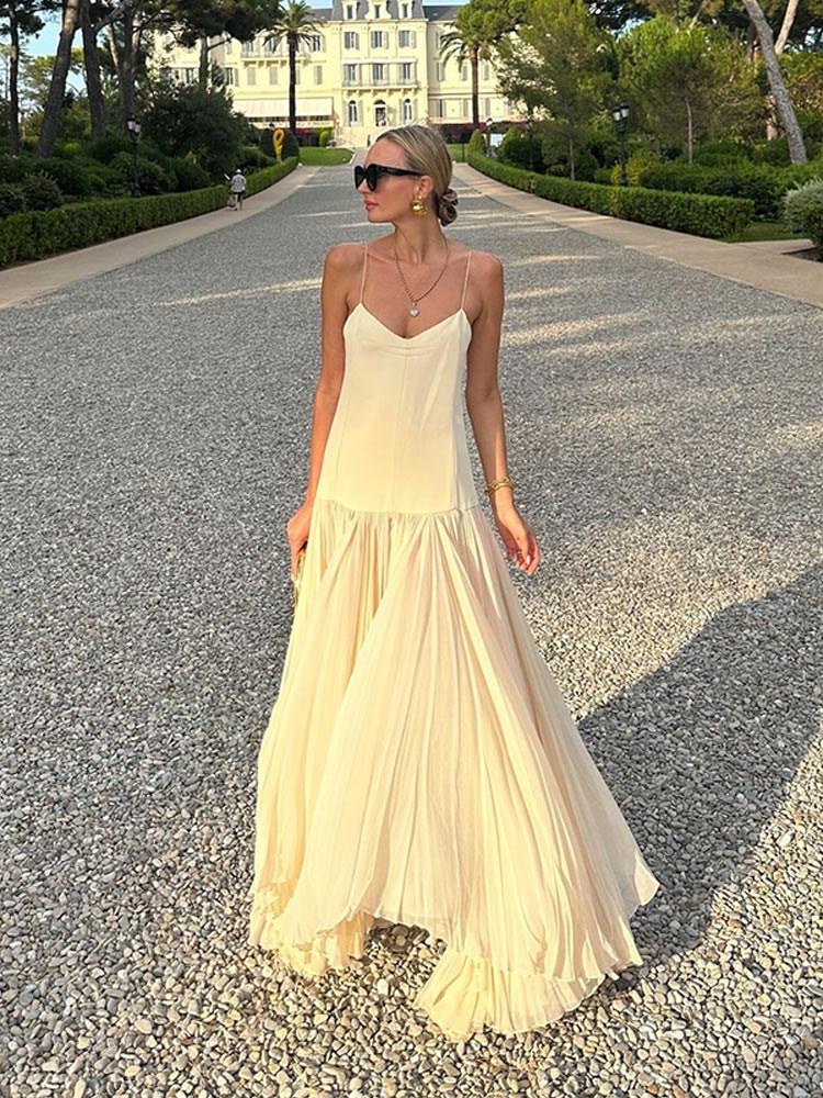 Elegant Solid Camisole Pleated Hem Women Dress Casual Sleeveless Backless A-line Dresses 2024 Summer Lady Vacation Party Robe