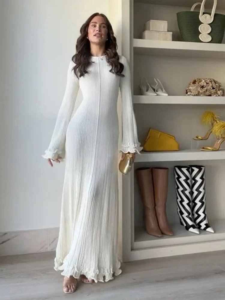 Elegant Solid Ruffles Knitted Dress For Women Loose O Neck Long Trumpet Sleeve Maxi Dresses 2024 New Female White Knitwear