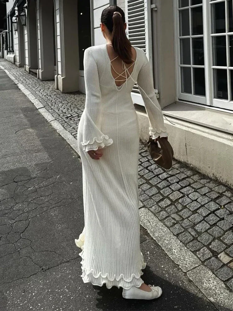 Elegant Solid Ruffles Knitted Dress For Women Loose O Neck Long Trumpet Sleeve Maxi Dresses 2024 New Female White Knitwear