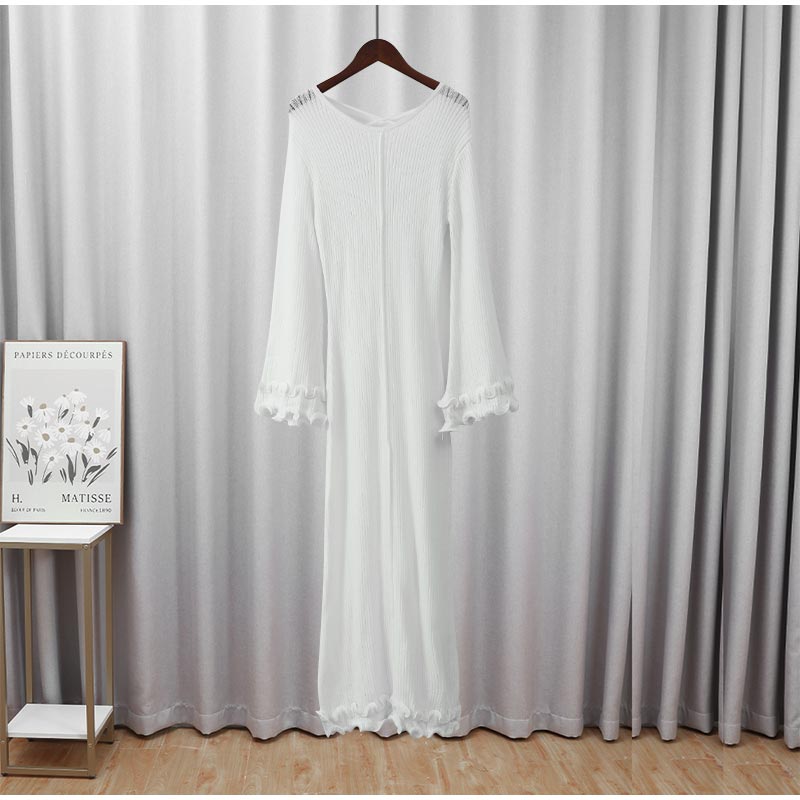 Elegant Solid Ruffles Knitted Dress For Women Loose O Neck Long Trumpet Sleeve Maxi Dresses 2024 New Female White Knitwear