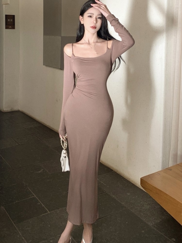 Sexy Hollow Out Midi Dress Women Long Sleeve Bodycon Mermaid Autumn Spring Warpped Hip Retro Casual Korean Solid Vestidos New