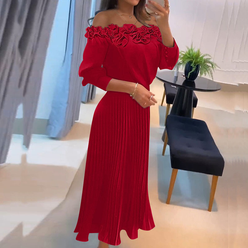 Elegant Off Shoulder Ruffled Party Dress Red Long Sleeve Waist Women A-line Dress 2024 Spring Summer Casual Pleated Office Dress