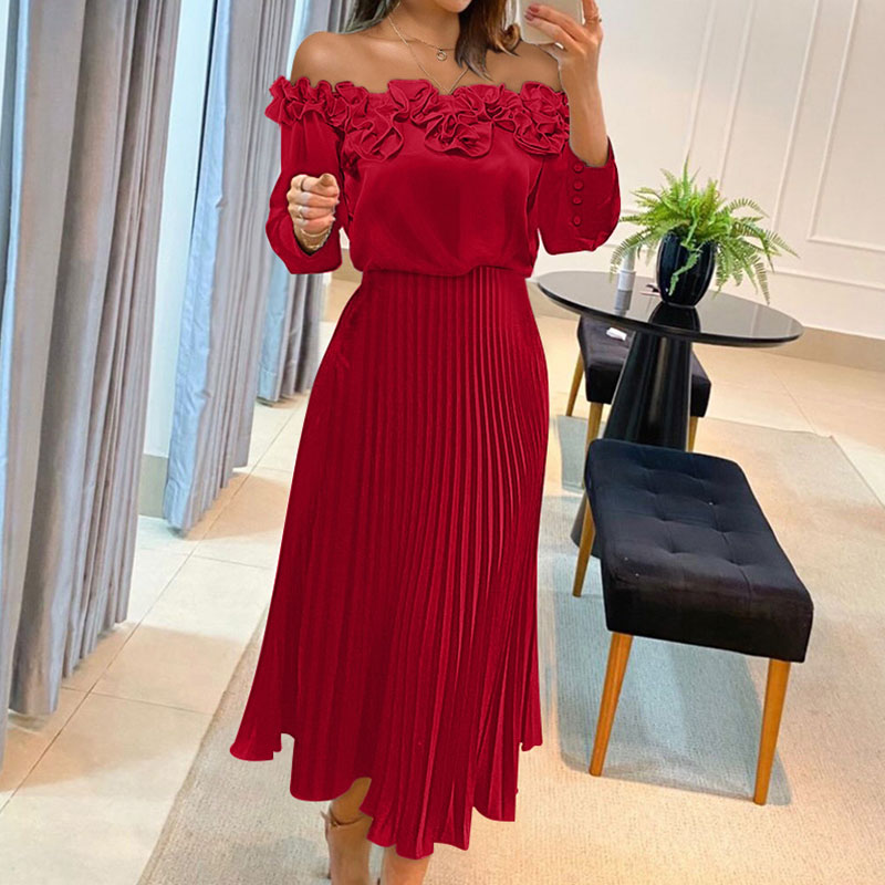 Elegant Off Shoulder Ruffled Party Dress Red Long Sleeve Waist Women A-line Dress 2024 Spring Summer Casual Pleated Office Dress