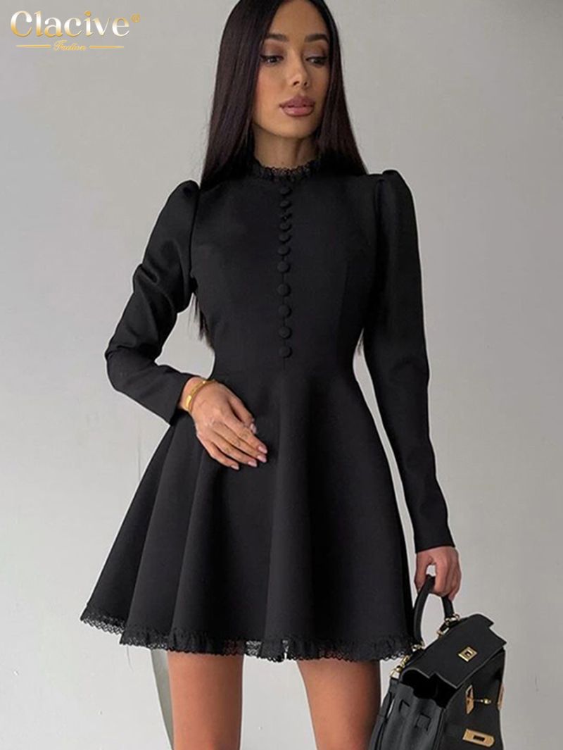 Clacive Fashion Slim Black Women's Dress Casual O-Neck Long Sleeve Mini Dresses Elegant High Waist Lace Spliced Female Dress