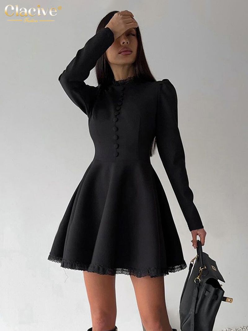 Clacive Fashion Slim Black Women's Dress Casual O-Neck Long Sleeve Mini Dresses Elegant High Waist Lace Spliced Female Dress