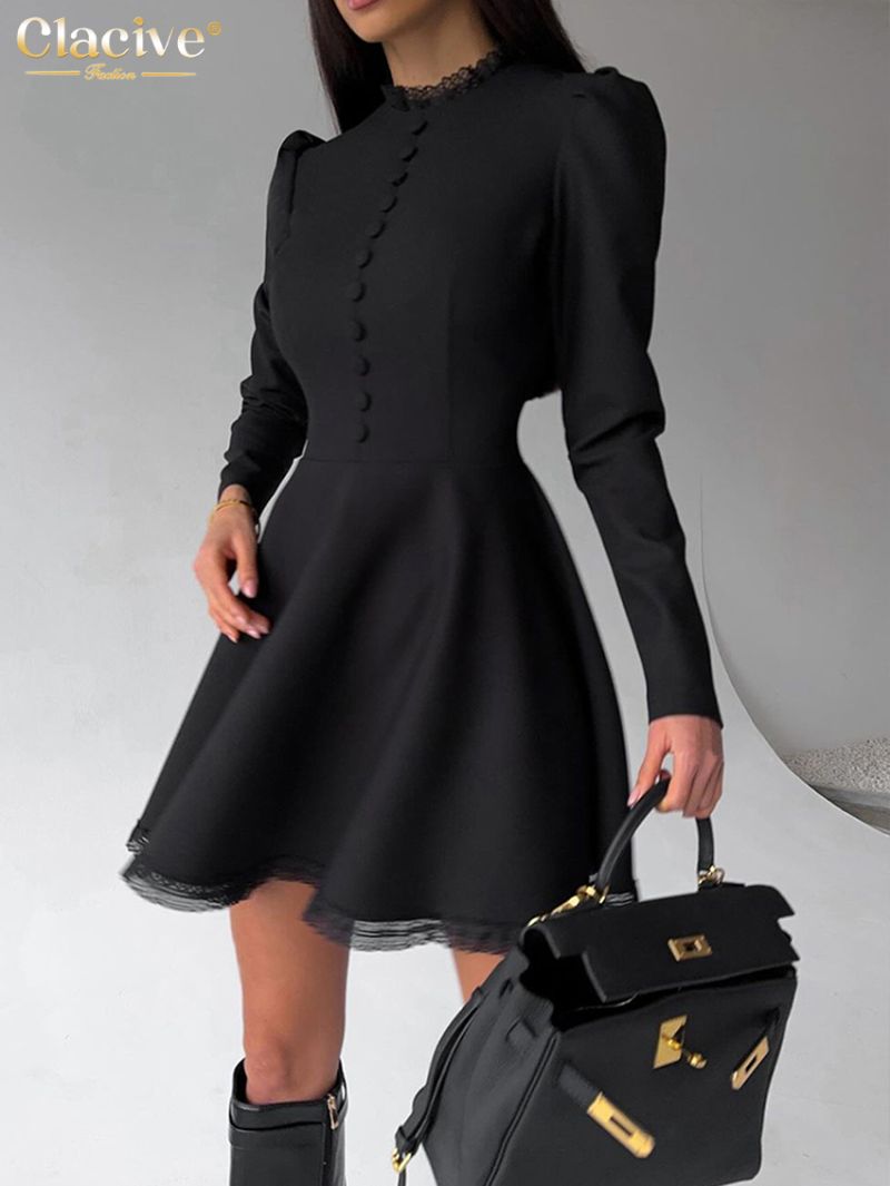 Clacive Fashion Slim Black Women's Dress Casual O-Neck Long Sleeve Mini Dresses Elegant High Waist Lace Spliced Female Dress