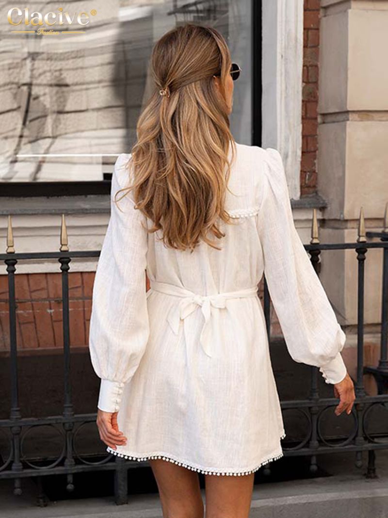 Clacive Casual Loose White Cotton Women's Dress 2024 Fashion Stand Collar Long Sleeve Mini Dresses Elegant Lace-Up Female Dress