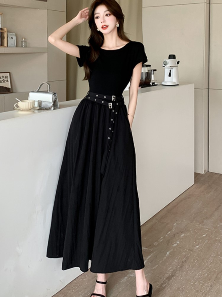 Casual Black Midi Dresses for Women with Belt O-neck A-line Summer New Ladies Clothing Elegant Korean Chic One Piece Vestido