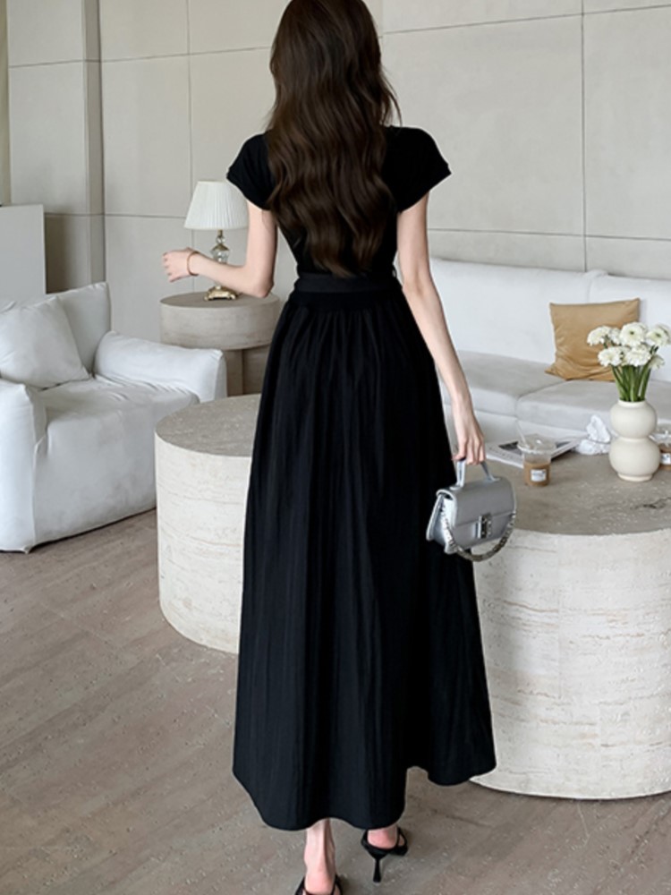 Casual Black Midi Dresses for Women with Belt O-neck A-line Summer New Ladies Clothing Elegant Korean Chic One Piece Vestido