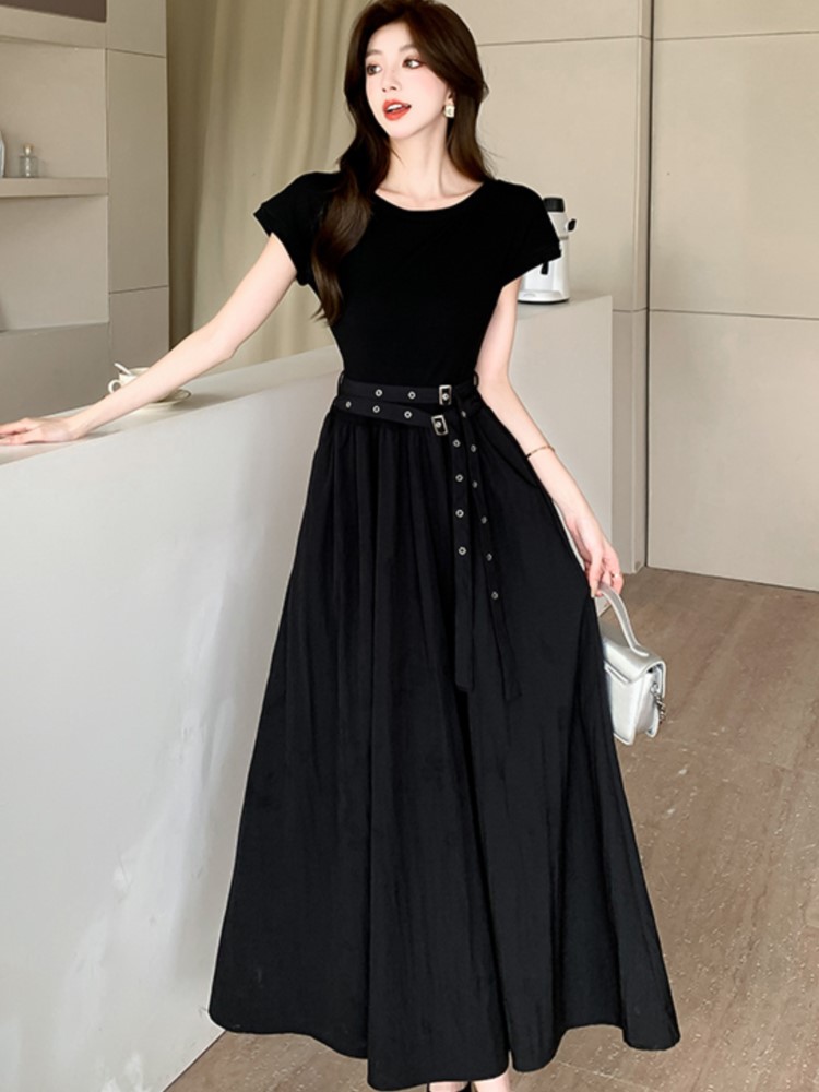 Casual Black Midi Dresses for Women with Belt O-neck A-line Summer New Ladies Clothing Elegant Korean Chic One Piece Vestido