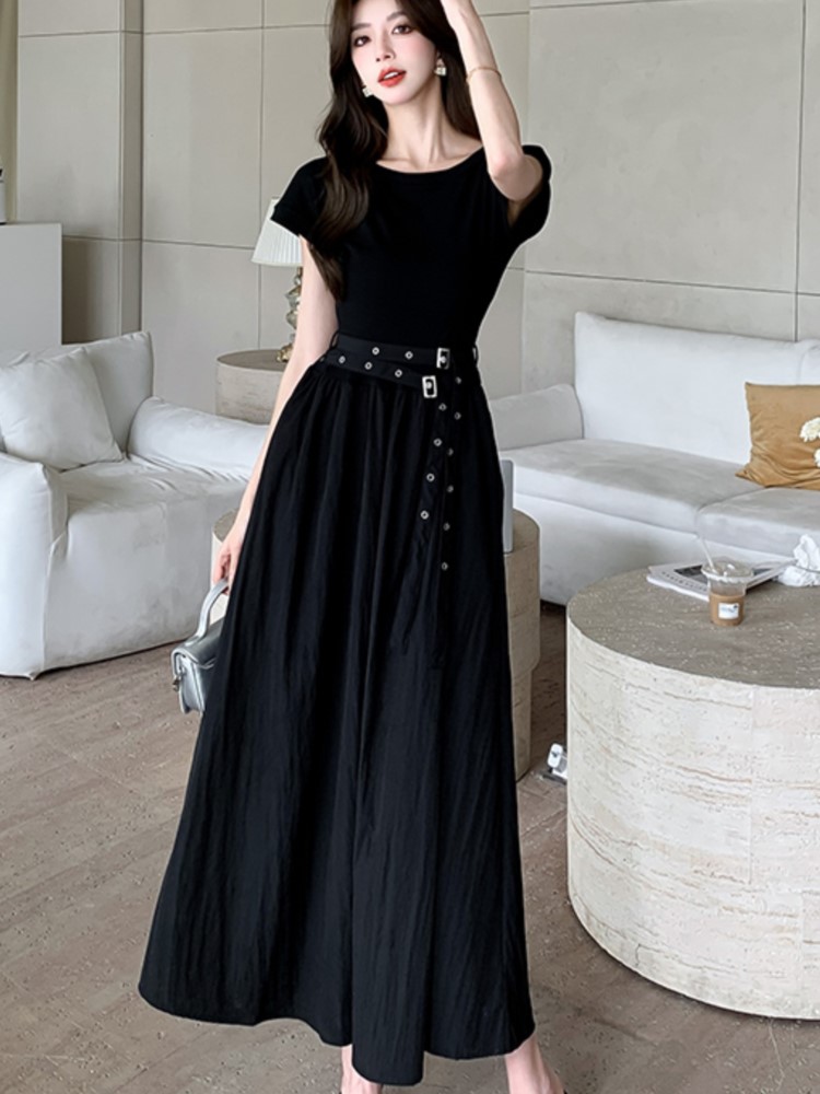 Casual Black Midi Dresses for Women with Belt O-neck A-line Summer New Ladies Clothing Elegant Korean Chic One Piece Vestido