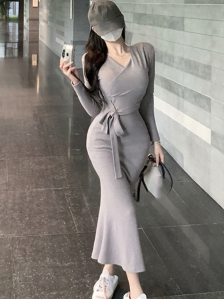 Sexy Solid Midi Knitted Dress Women Long Sleeve V-Neck Lace Up Bodycon Mermaid Autumn Spring Casual Wrapped Hip Vestidos Mujer