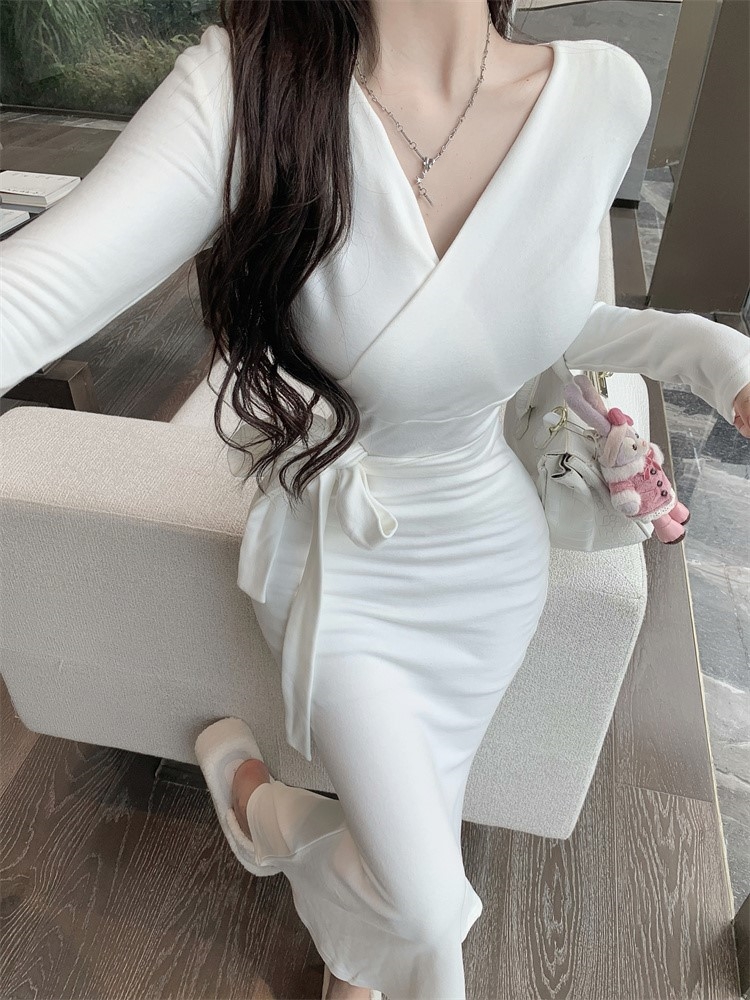 Sexy Solid Midi Knitted Dress Women Long Sleeve V-Neck Lace Up Bodycon Mermaid Autumn Spring Casual Wrapped Hip Vestidos Mujer