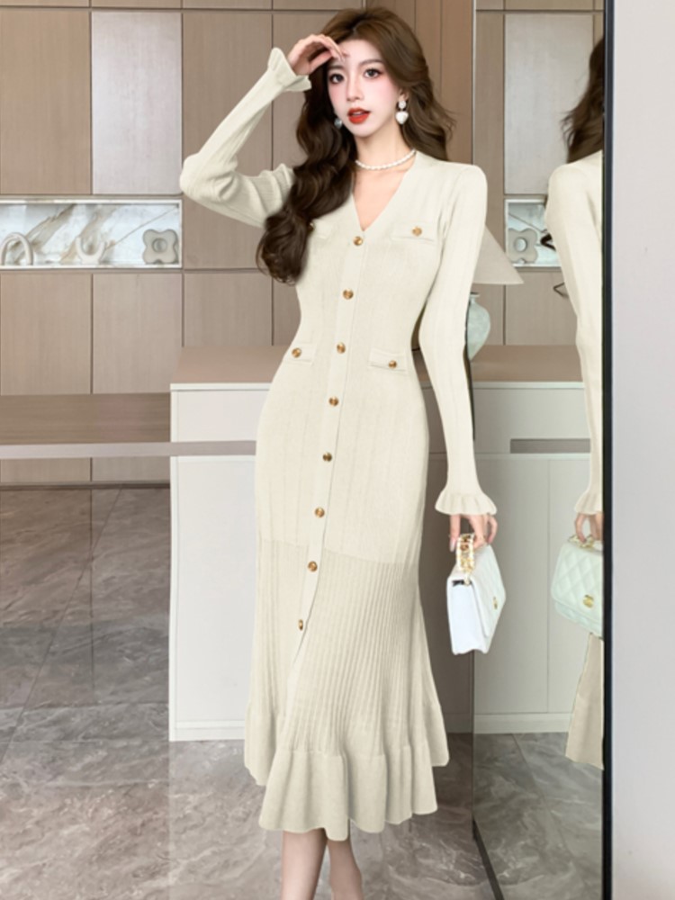 Autumn Solid Knitted Dresses for Women Single Breasted Chic Flared Sleeve Ruffles Hem Casual 2024 Female Office Elegant Robes