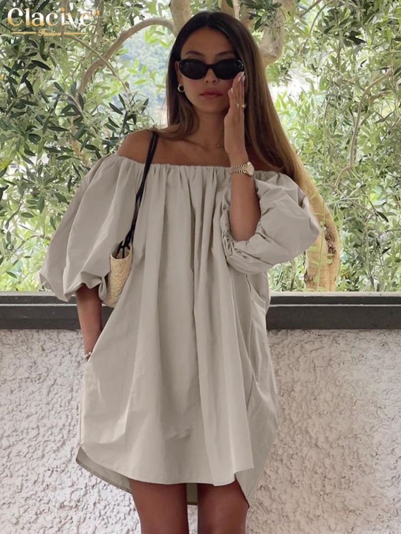 Clacive Casual Loose Khaki Women's Dress 2024 Summer Slash Neck Short Sleeve Mini Dresses Elegant Classic Solid Female Dress