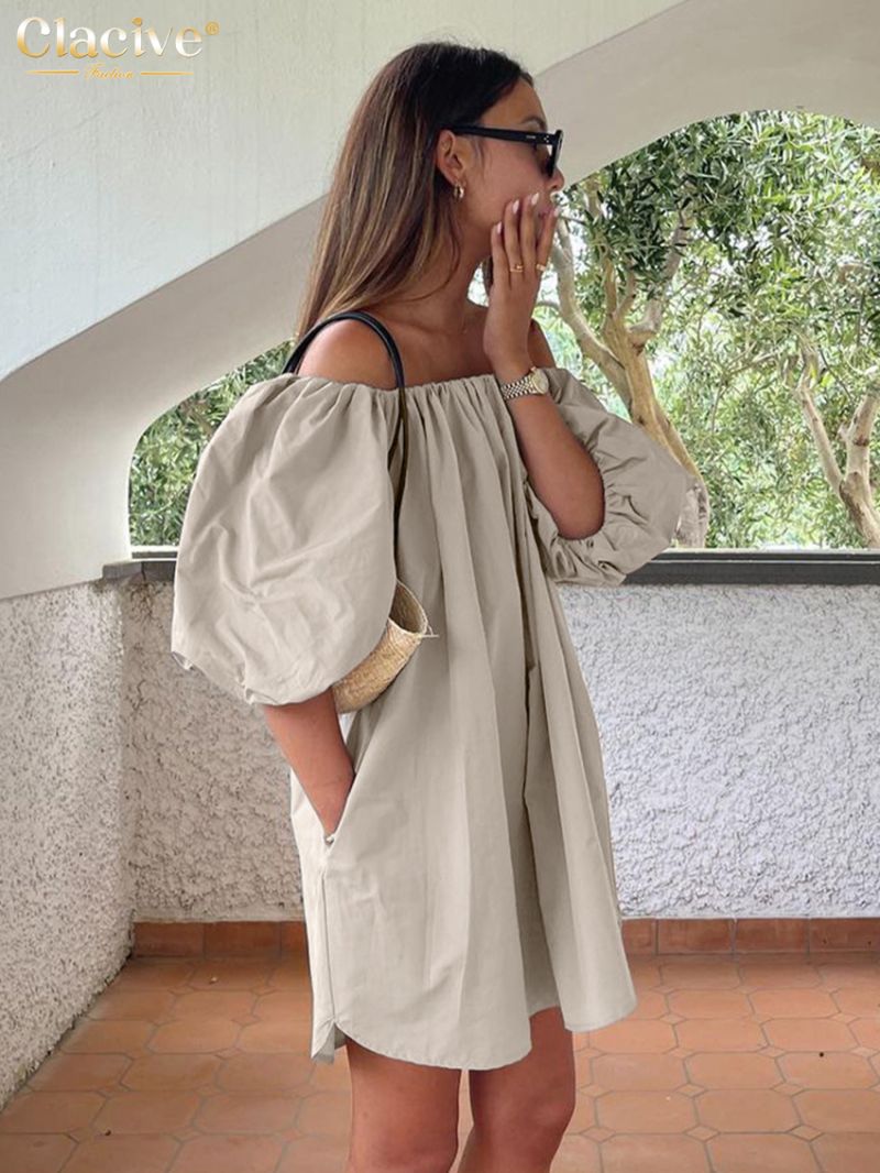 Clacive Casual Loose Khaki Women's Dress 2024 Summer Slash Neck Short Sleeve Mini Dresses Elegant Classic Solid Female Dress