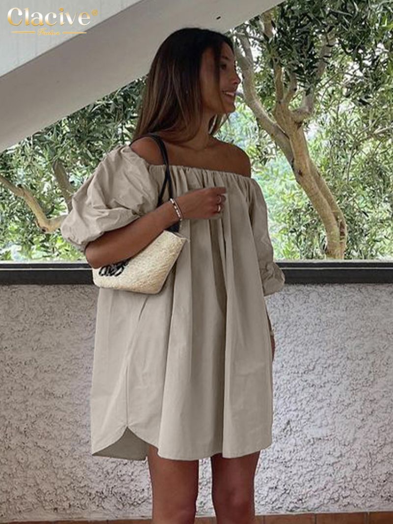 Clacive Casual Loose Khaki Women's Dress 2024 Summer Slash Neck Short Sleeve Mini Dresses Elegant Classic Solid Female Dress