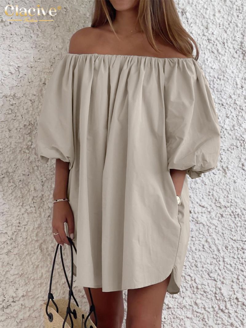 Clacive Casual Loose Khaki Women's Dress 2024 Summer Slash Neck Short Sleeve Mini Dresses Elegant Classic Solid Female Dress